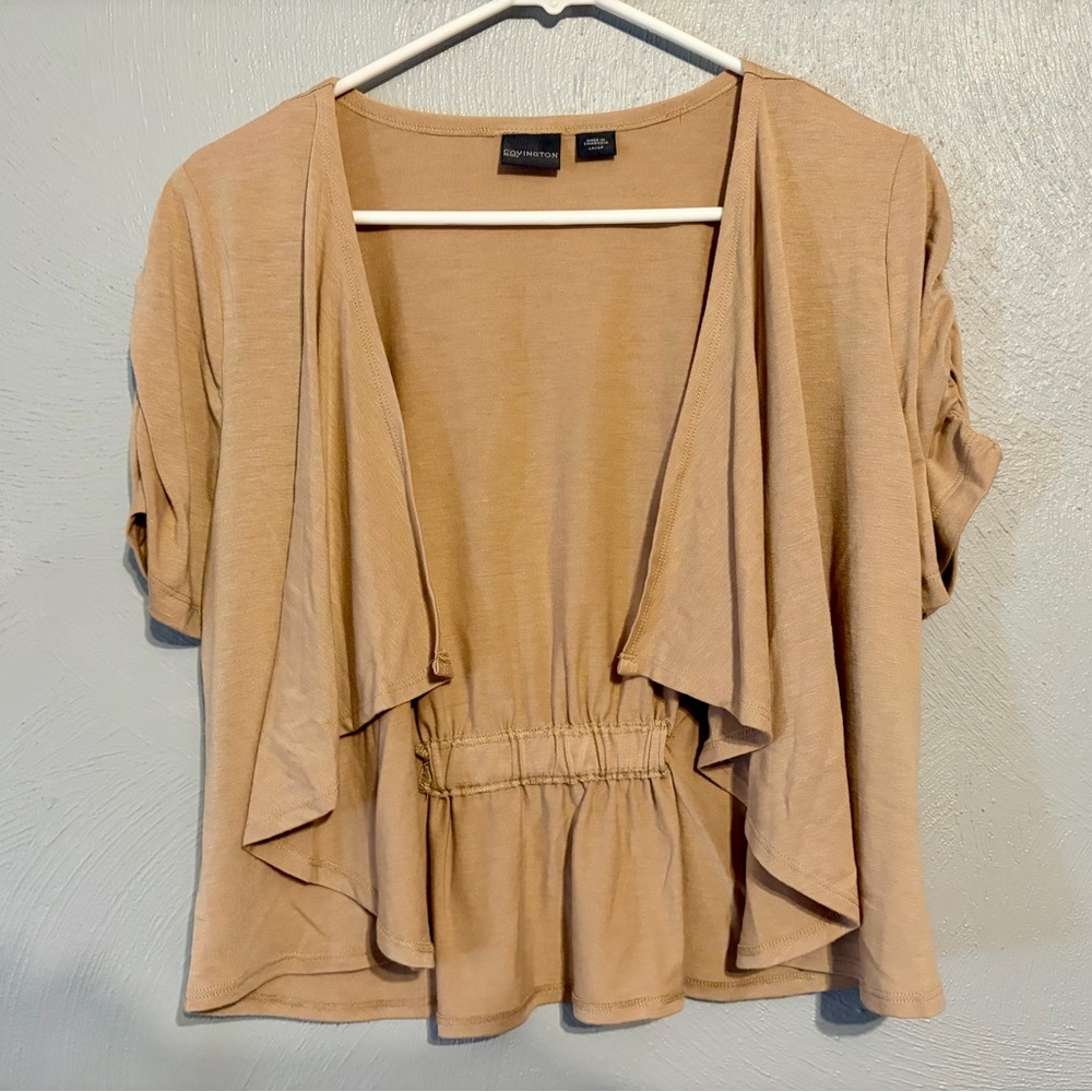Covington Light Camel Ruched Sleeve Draped Cardigan